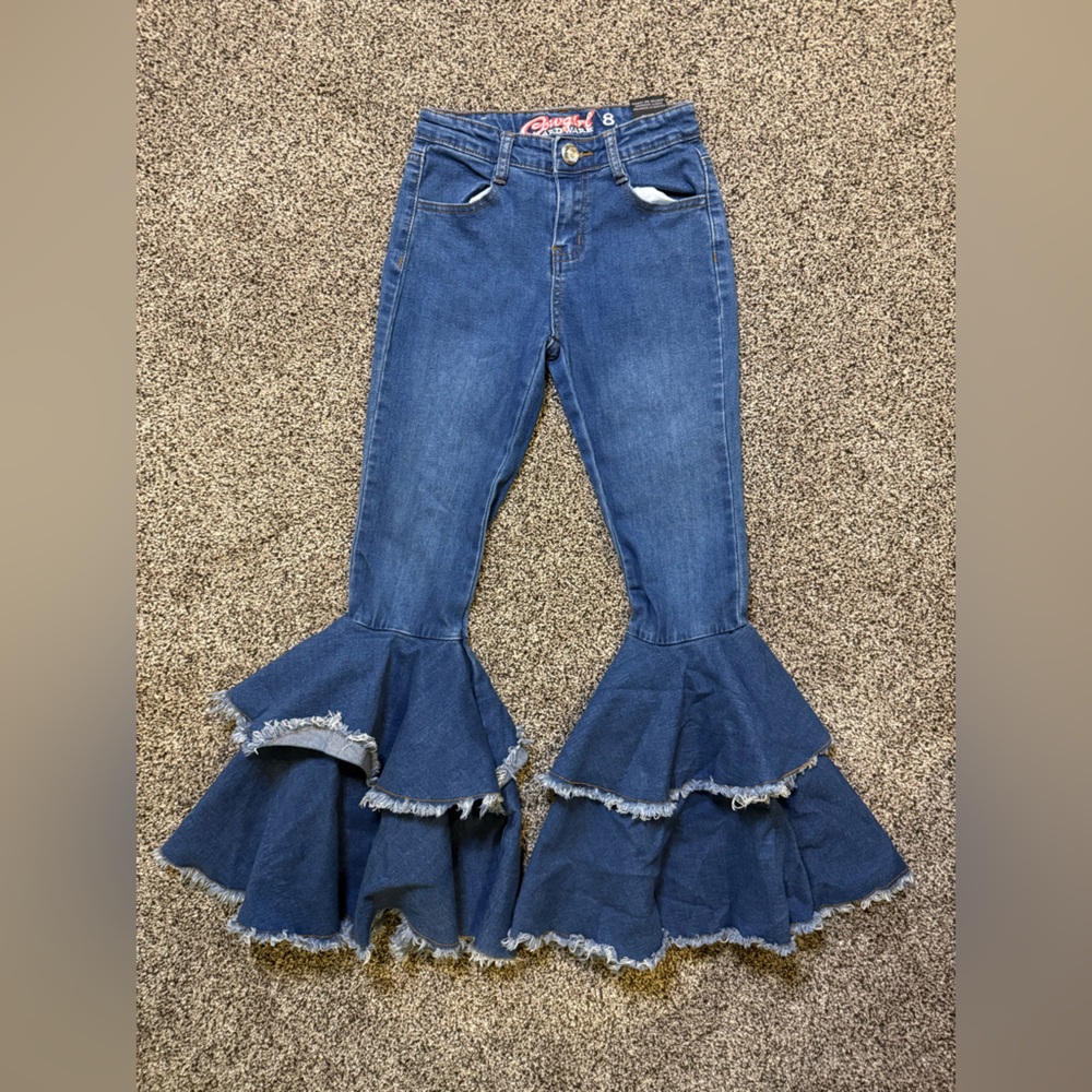 Cowgirl Hardware Double Ruffle Super Flare Jeans, Size 8 (002G)